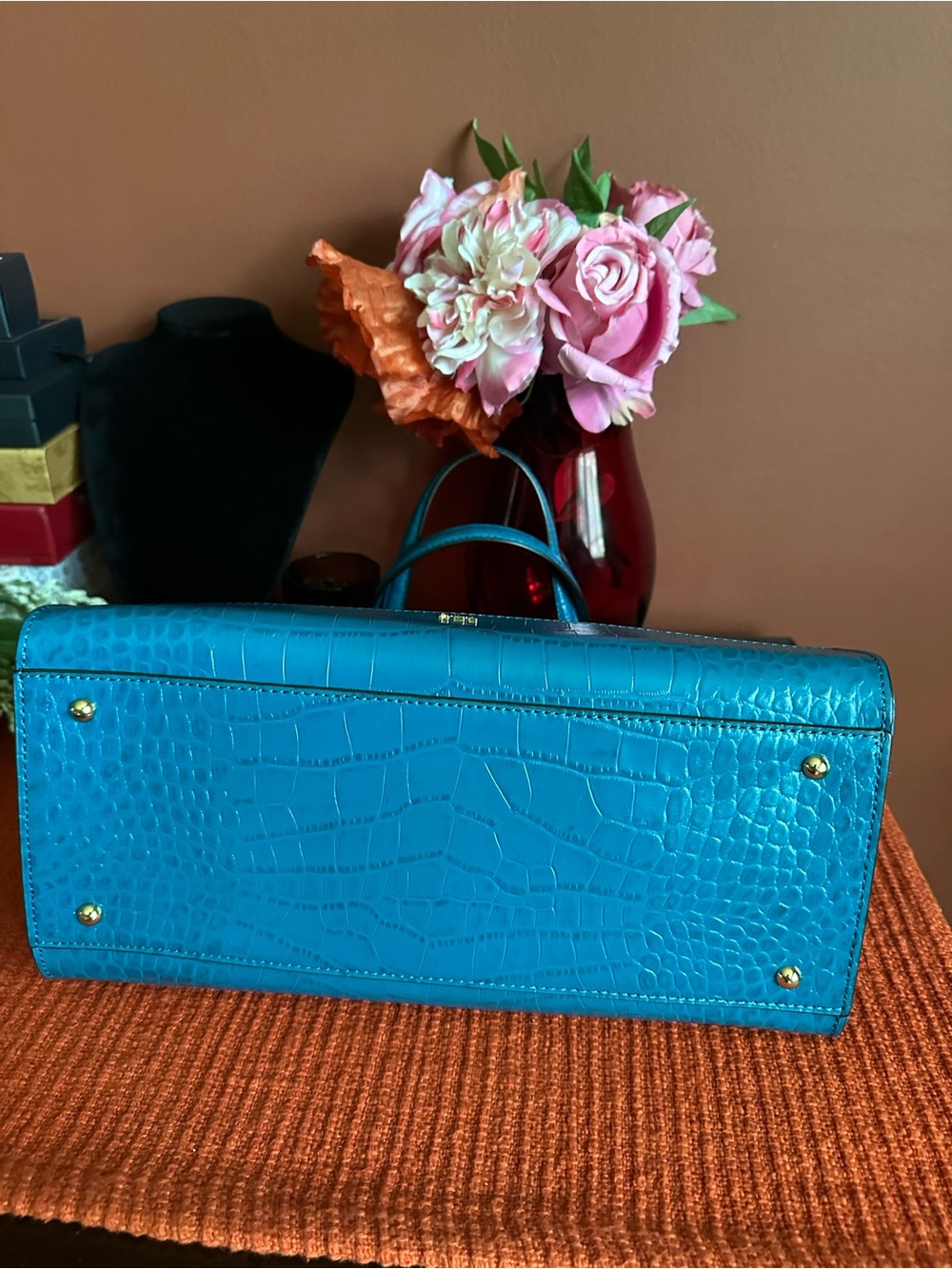 Ralph Lauren Turquoise Croc-Embossed Satchel with Gold Hardware - Picture 7 of 16